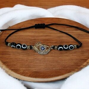 Evil Eye Golden Rhinestone and Black Corded Bracelet